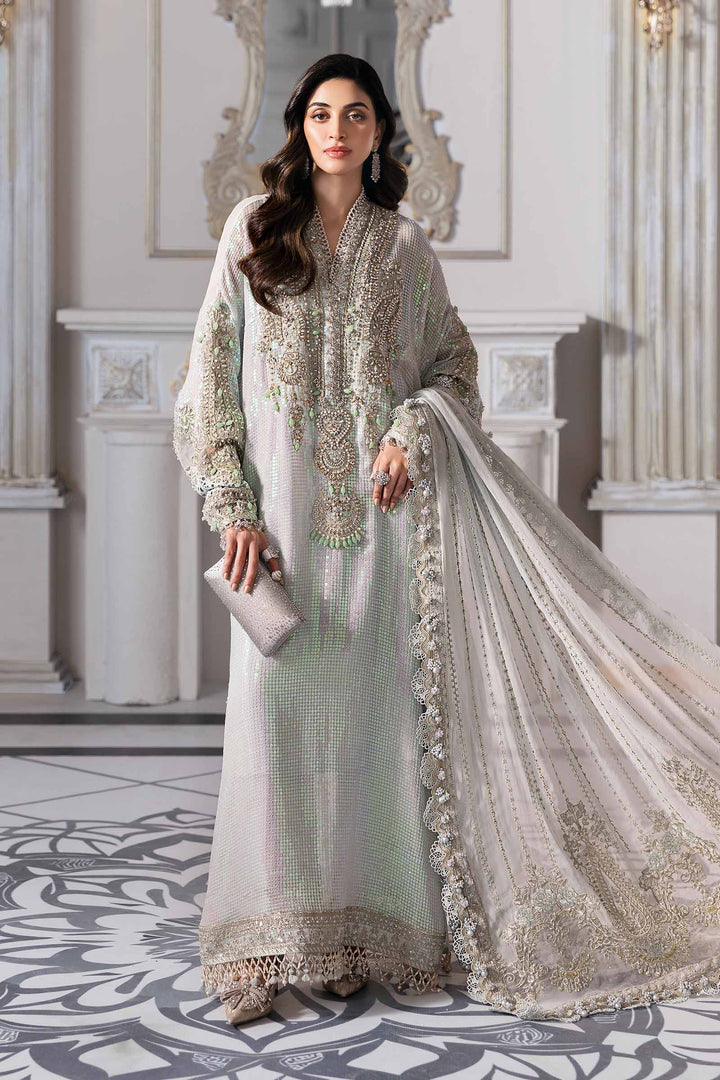full view Maria B embroidered chiffon suit with hand-embellished organza neckline