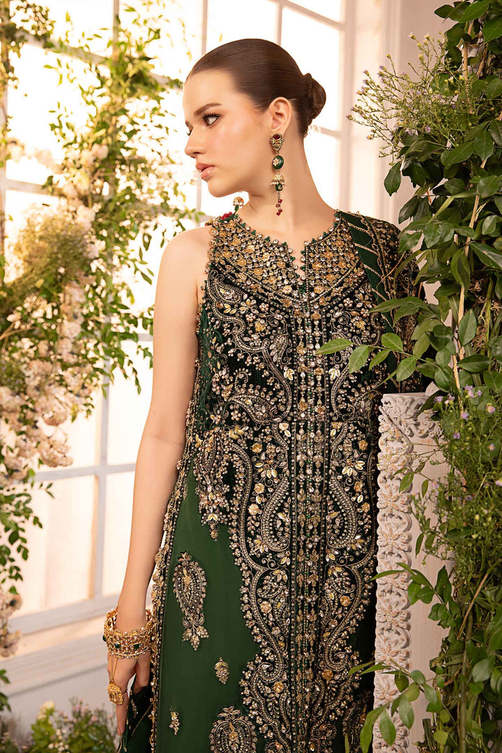 side view Maria B emerald green embroidered formal suit with velvet and organza detailing
