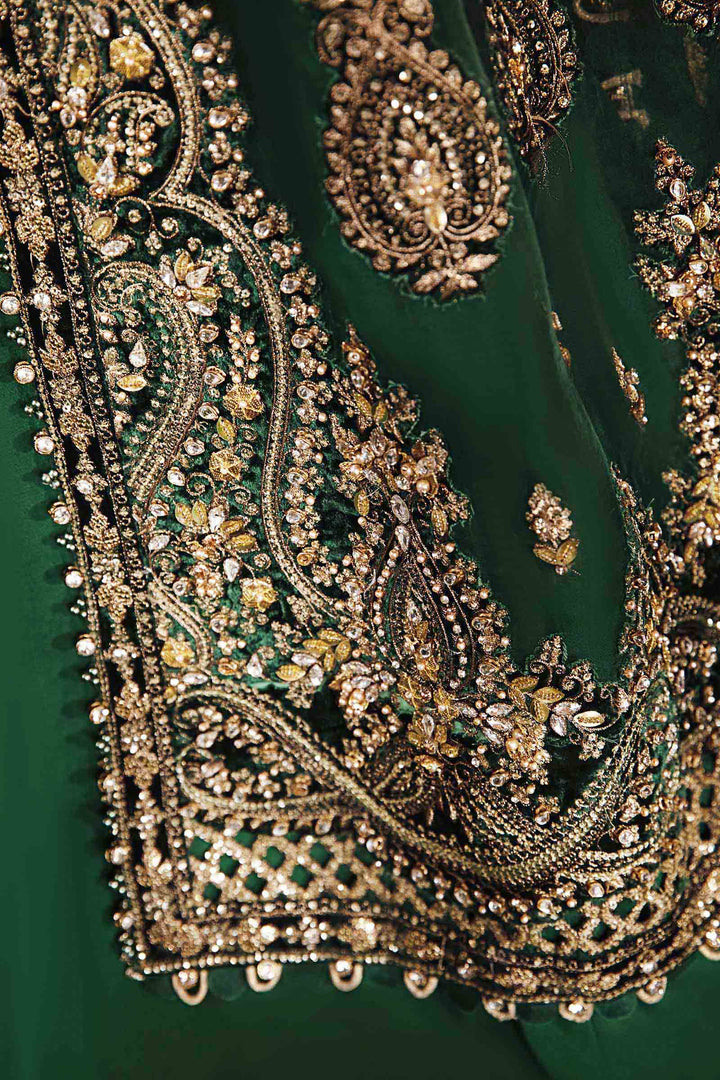 border Maria B emerald green embroidered formal suit with velvet and organza detailing
