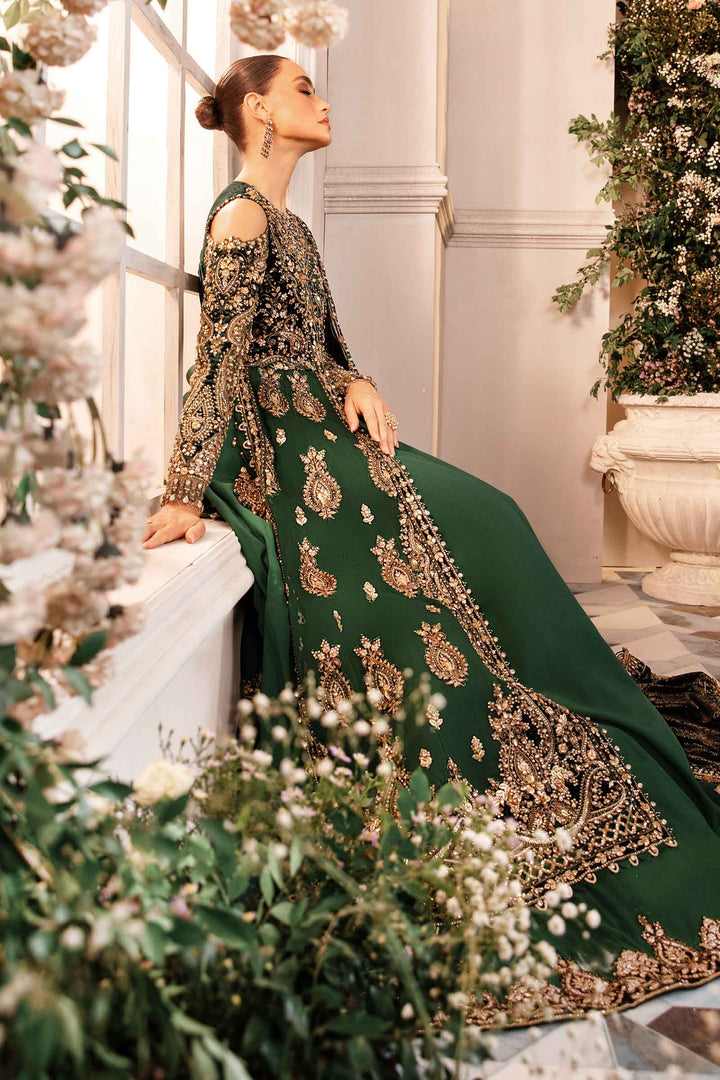 side panel Maria B emerald green embroidered formal suit with velvet and organza detailing
