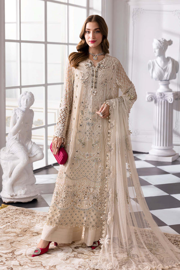 Maria B formal suit with embroidered chiffon and 3D floral embellishments