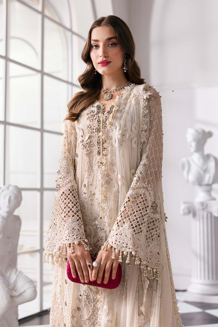 front view Maria B formal suit with embroidered chiffon and 3D floral embellishments
