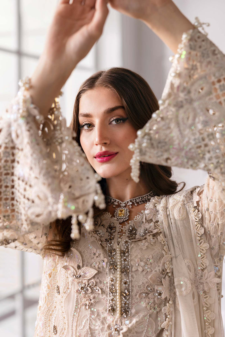 sleeves Maria B formal suit with embroidered chiffon and 3D floral embellishments