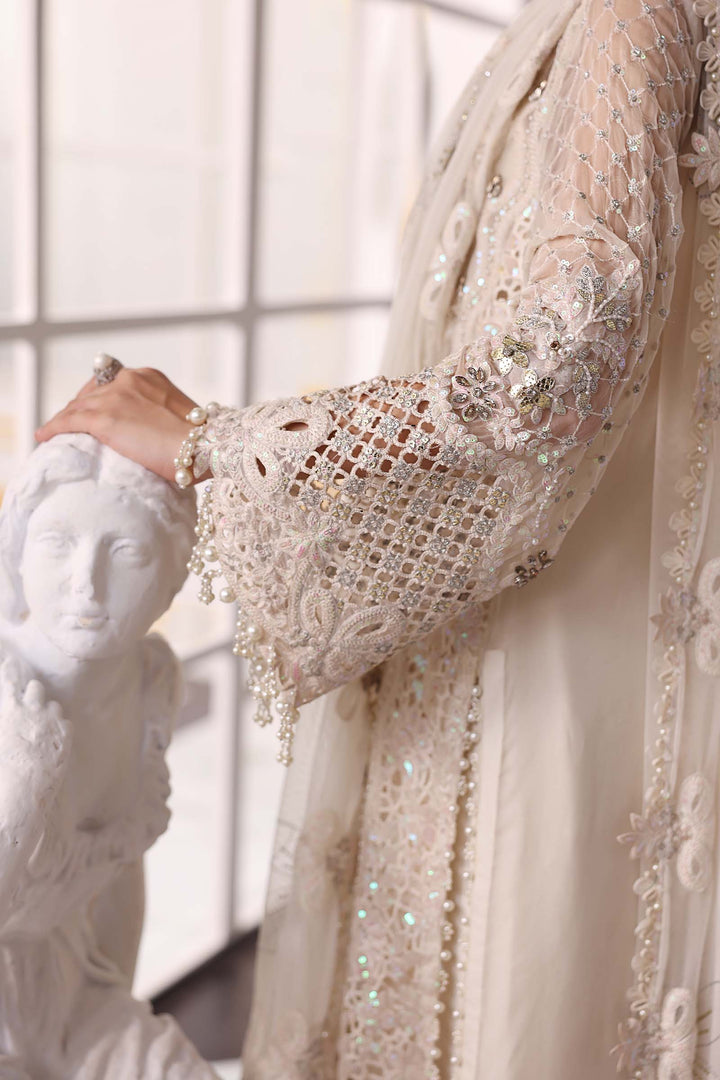 left sleeve Maria B formal suit with embroidered chiffon and 3D floral embellishments