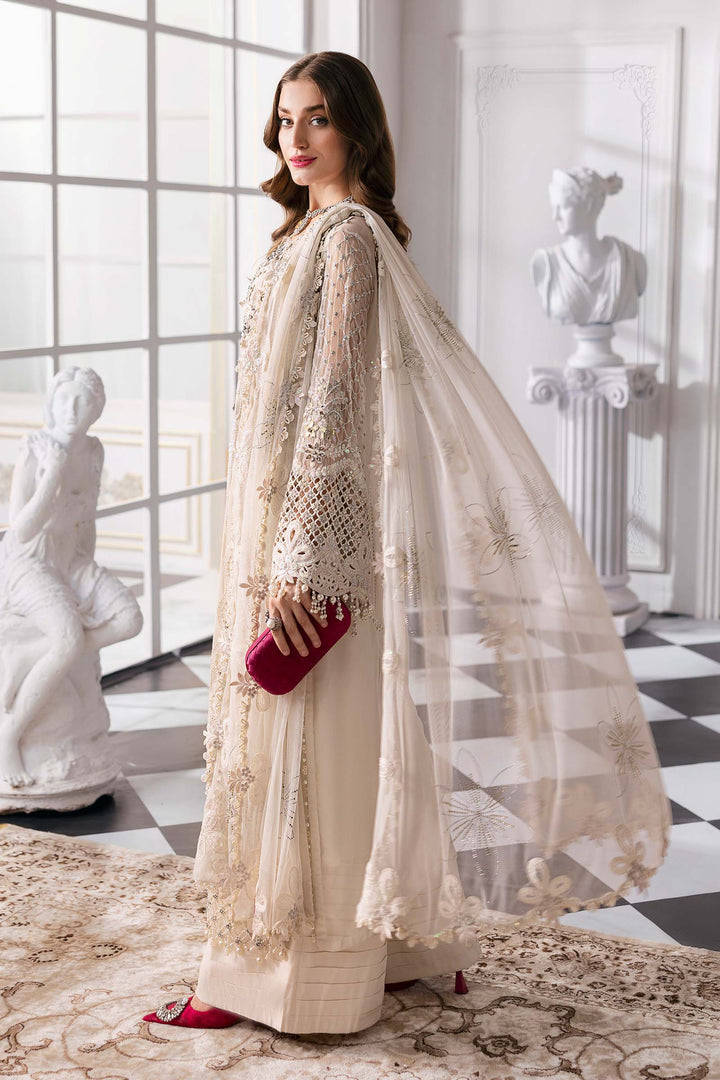 side angle Maria B formal suit with embroidered chiffon and 3D floral embellishments