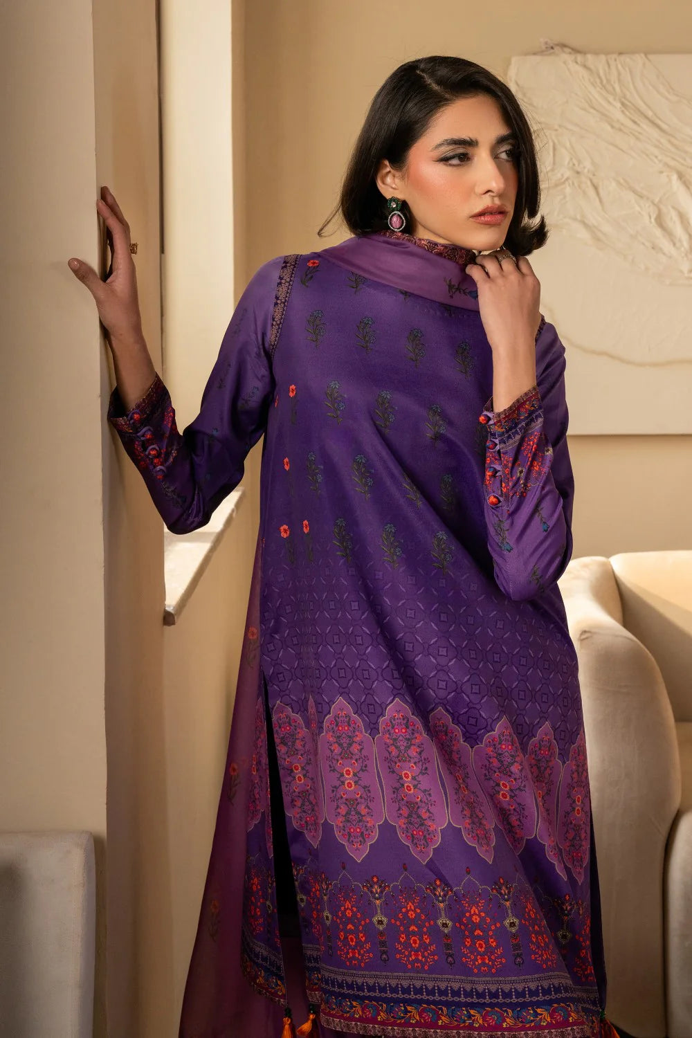 Back view of Maryum N Maria Purple Silk Shirt with Floral Hem and Matching Dupatta