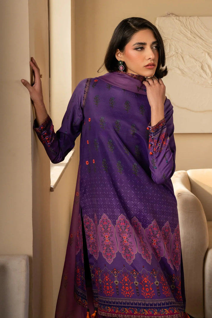 Back view of Maryum N Maria Purple Silk Shirt with Floral Hem and Matching Dupatta