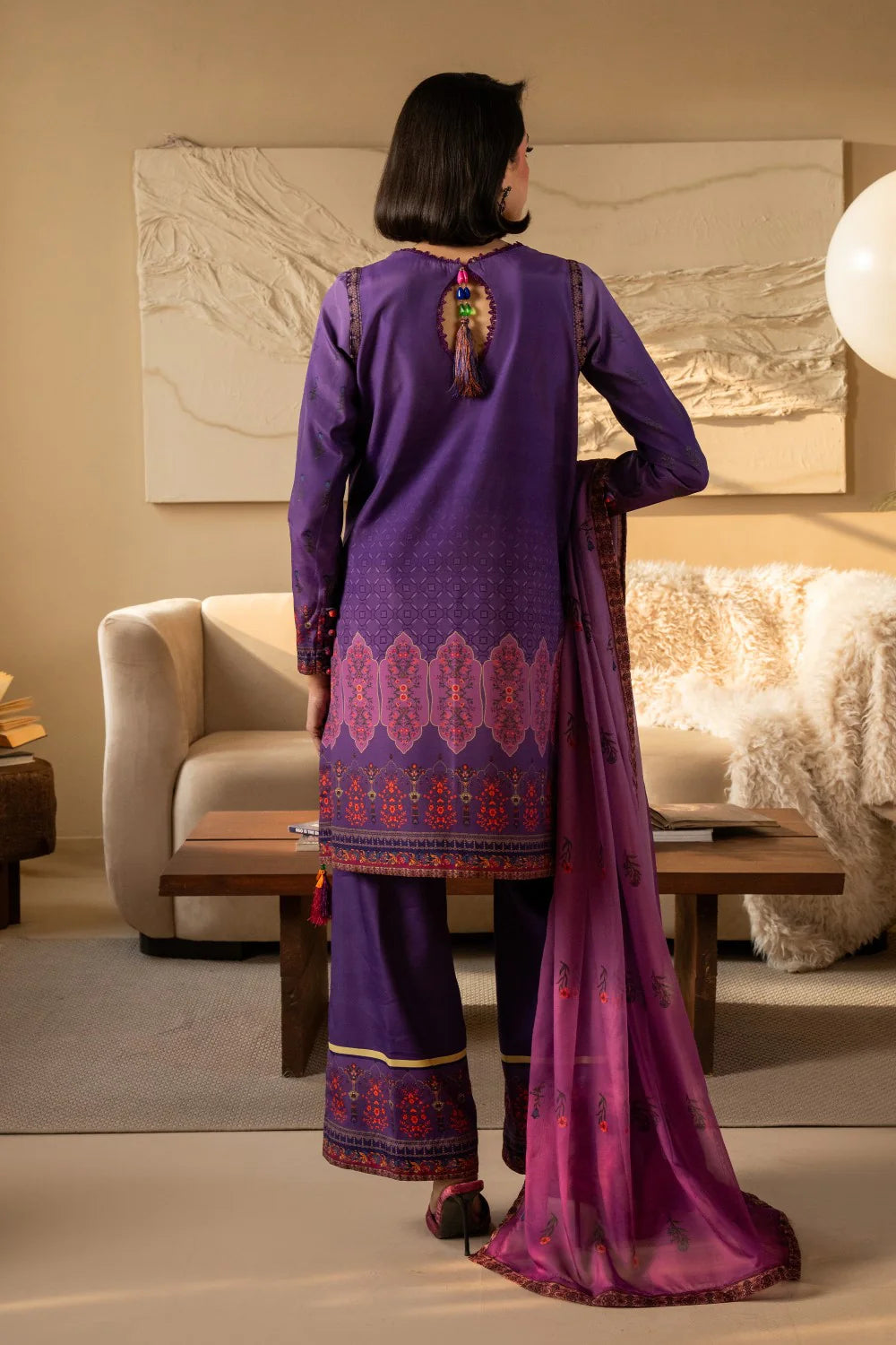 Full front view of Maryum N Maria 3-Piece Ready-to-Wear Silk Suit in Purple Gradient