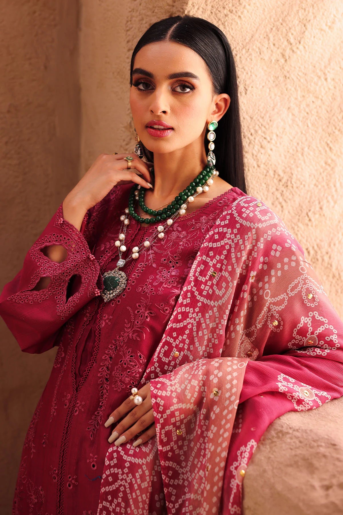 Front view of embroidered Doriya lawn shirt with cotton trouser
