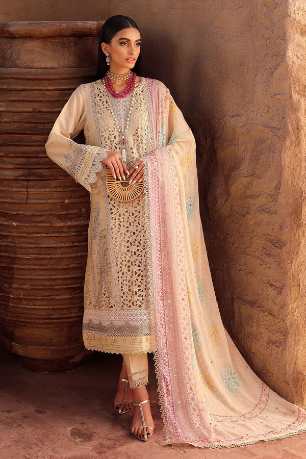 Model wearing Nureh Bazaar Collection stitched Doriya lawn suit with Mukeshkari dupatta