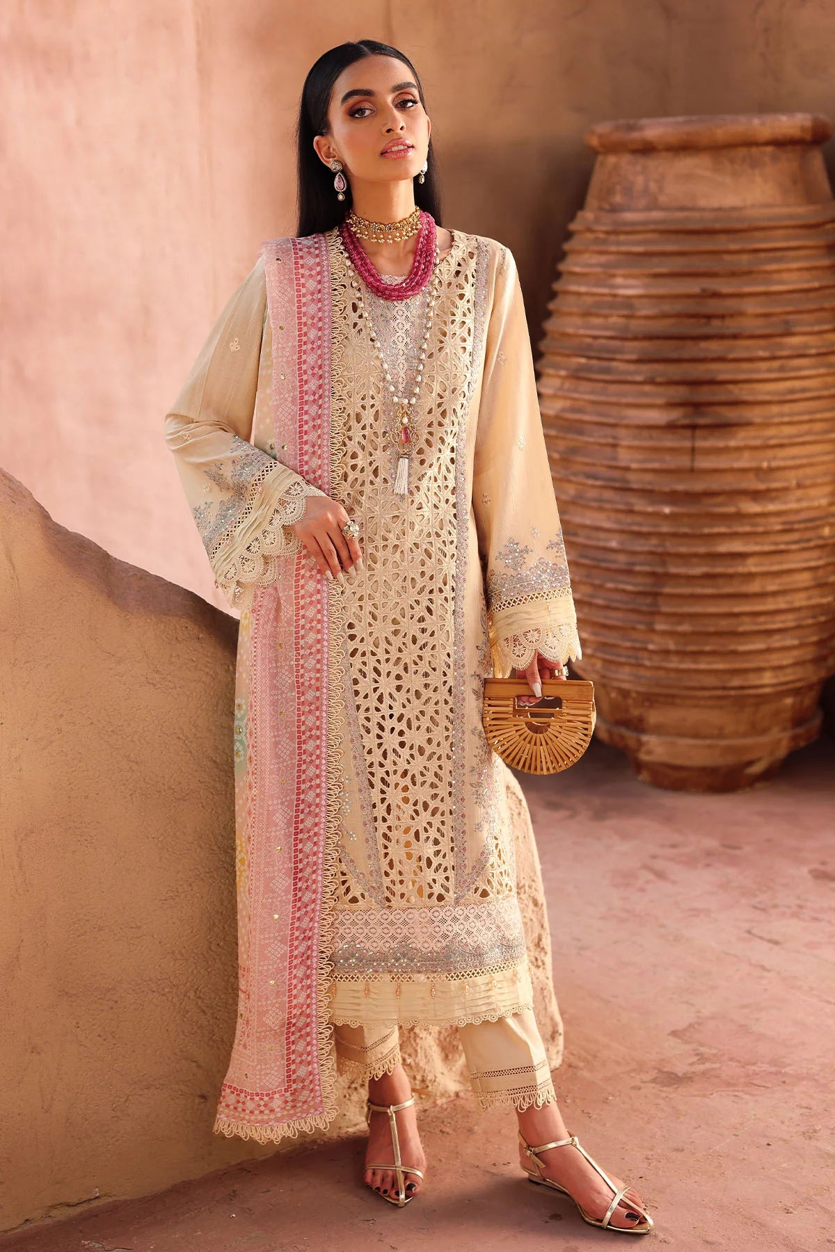 All-over Mukeshkari work on chiffon dupatta close-up