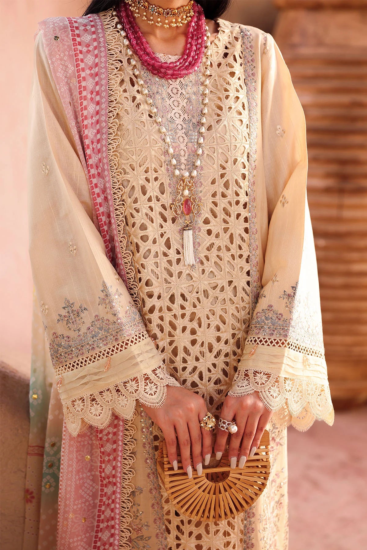Front view of embroidered Doriya lawn shirt with cotton trouser