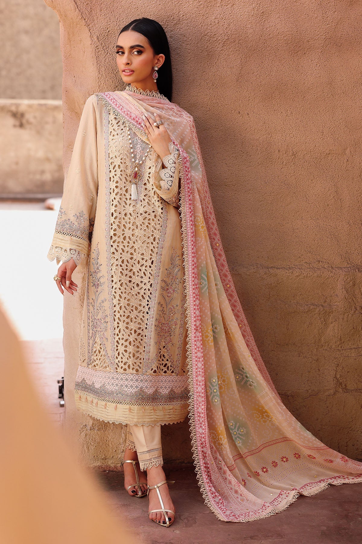 Designer Pakistani suit with chiffon dupatta styled for Eid