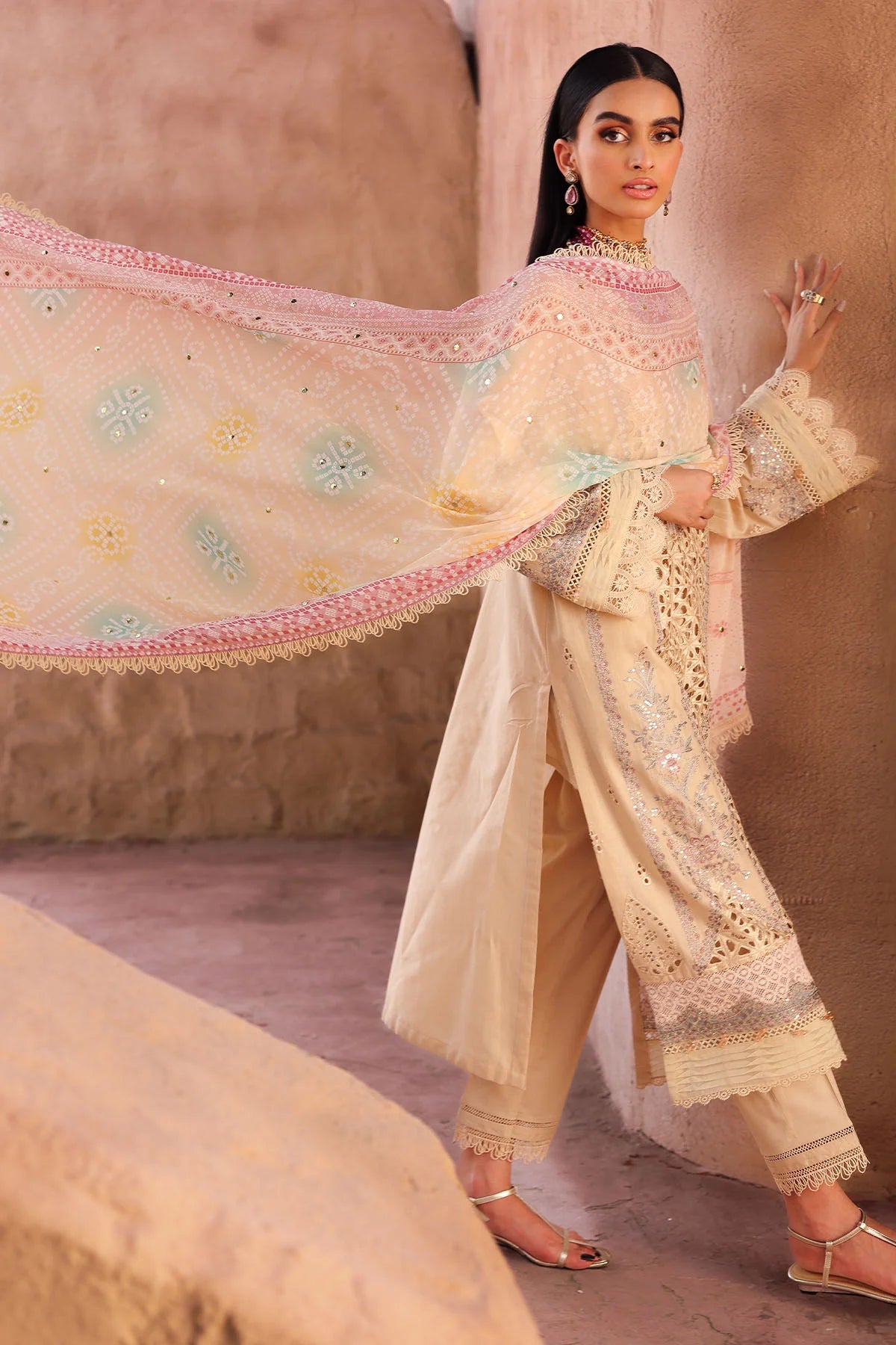 All-over Mukeshkari work on chiffon dupatta close-up