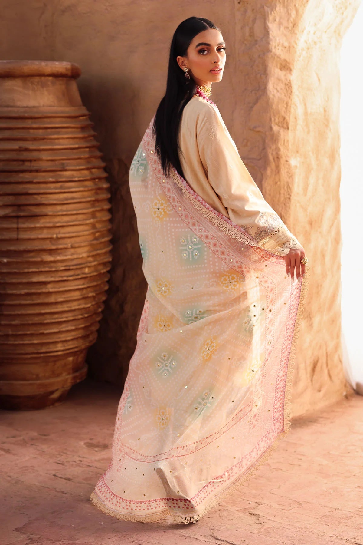 Back view showcasing Mukeshkari chiffon dupatta shimmer