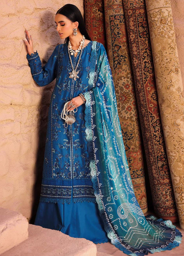 Flat lay of Nureh 3-piece stitched lawn outfit with dupatta