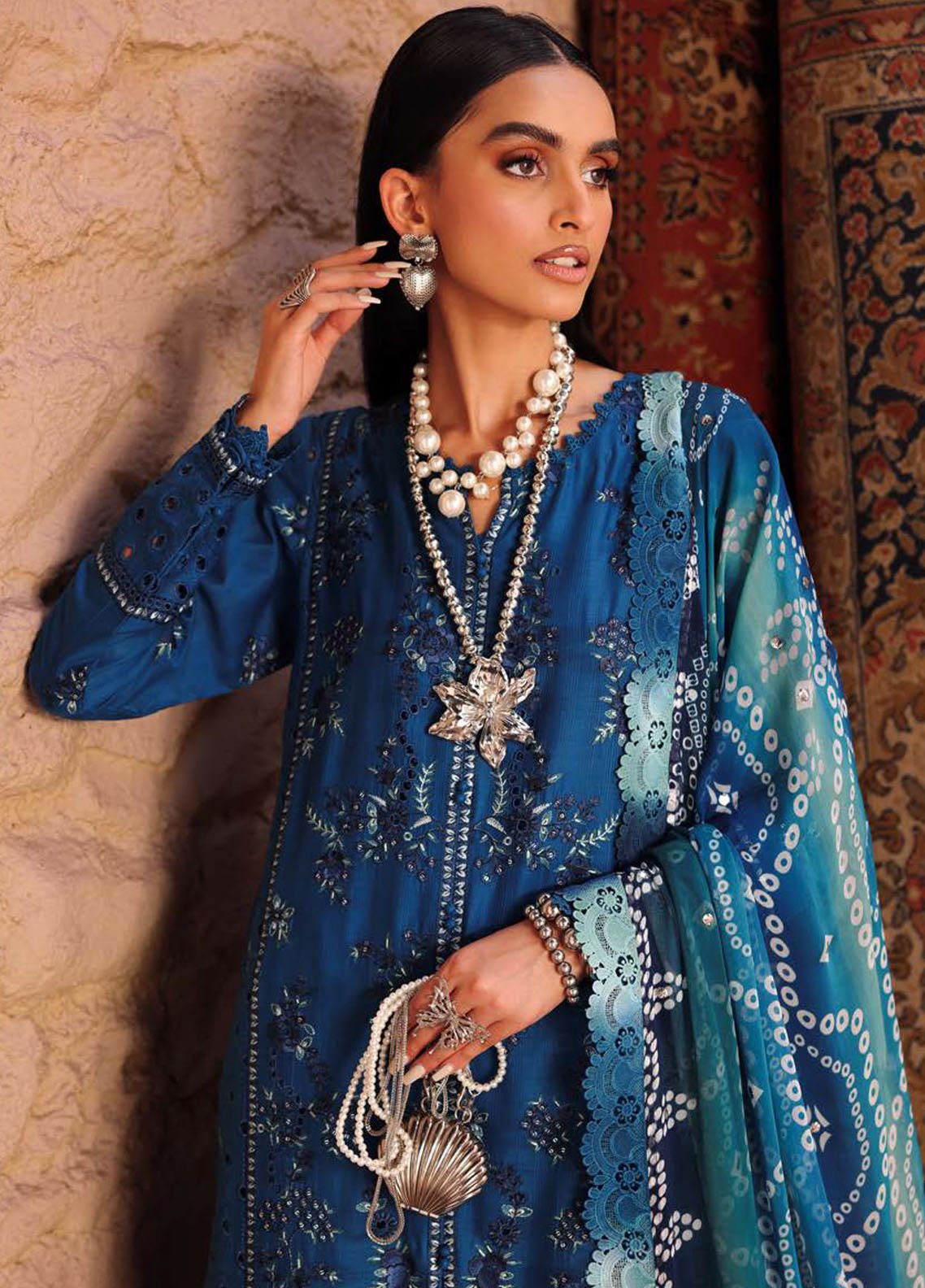 All-over Mukeshkari work on chiffon dupatta close-up