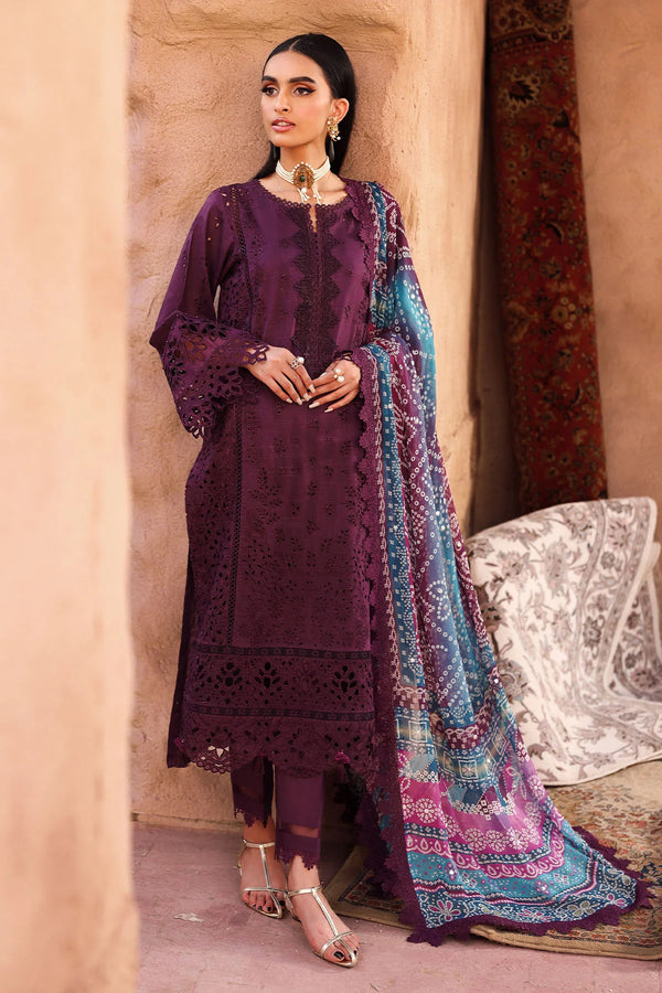 Model wearing Nureh Bazaar Collection stitched Doriya lawn suit with Mukeshkari dupatta