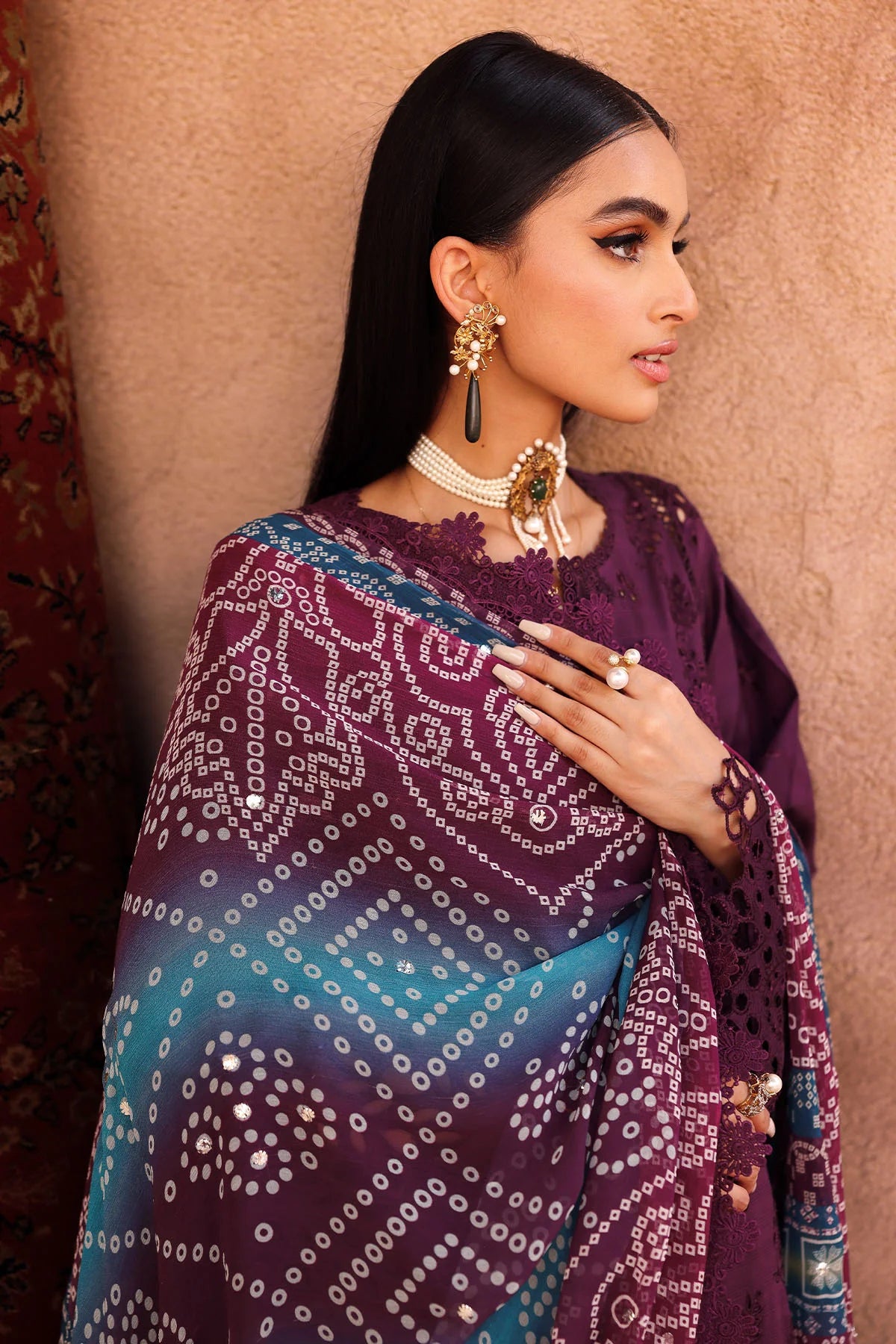 Front view of embroidered Doriya lawn shirt with cotton trouser