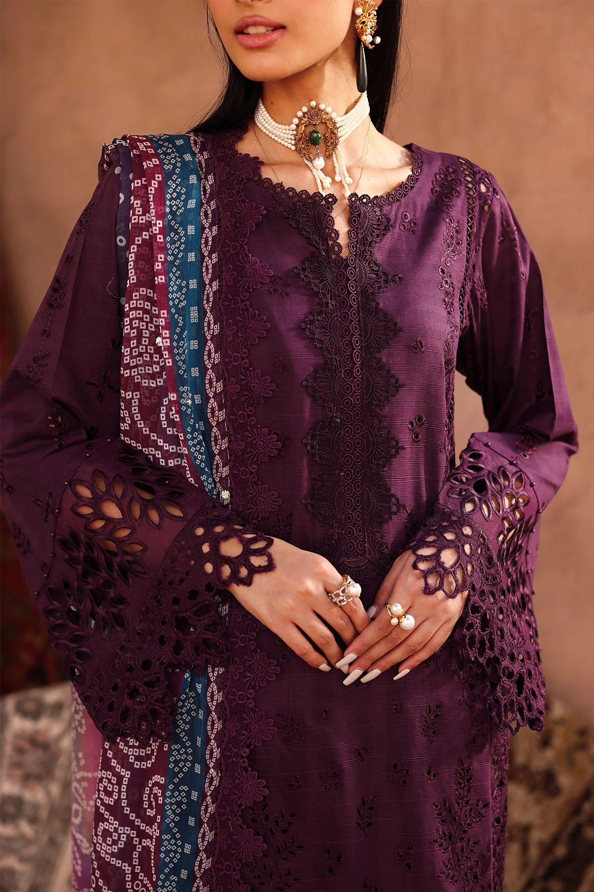 All-over Mukeshkari work on chiffon dupatta close-up