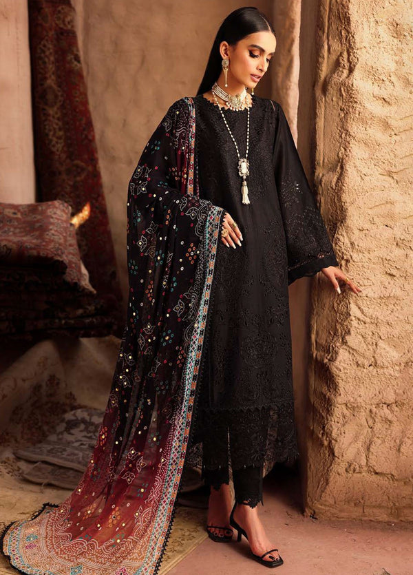 Model styled for formal event in Nureh embroidered lawn dress