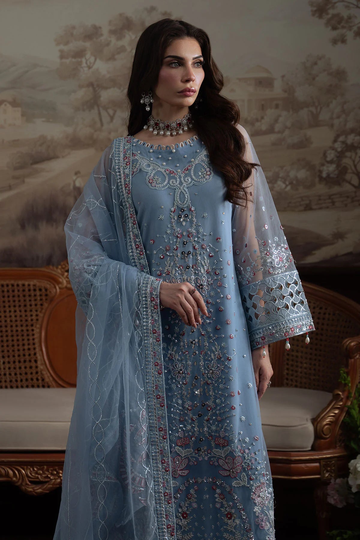 Close-up of neckline and sleeve detailing on Nureh Style 74 stitched formal dress