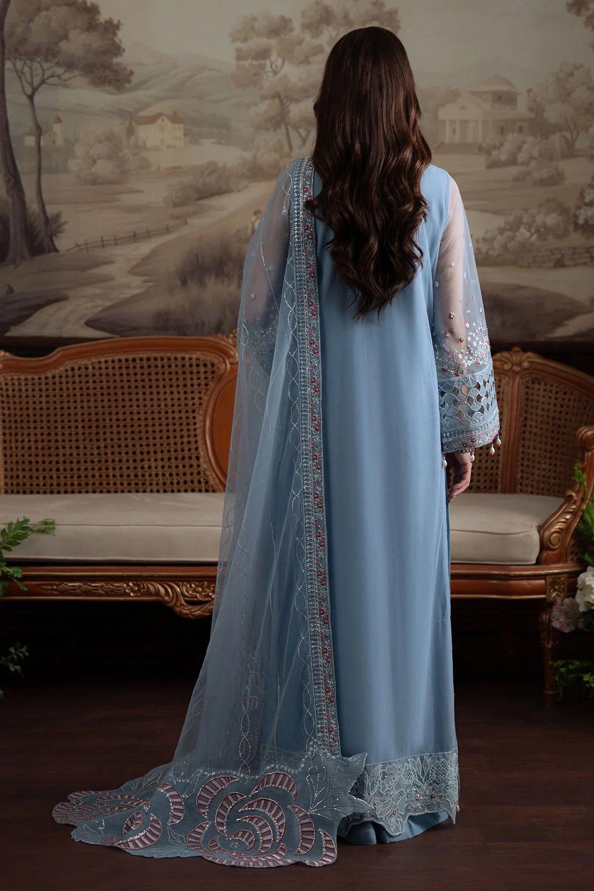 Back view of stitched Nureh Style 74 showcasing plain net back and bordered dupatta

