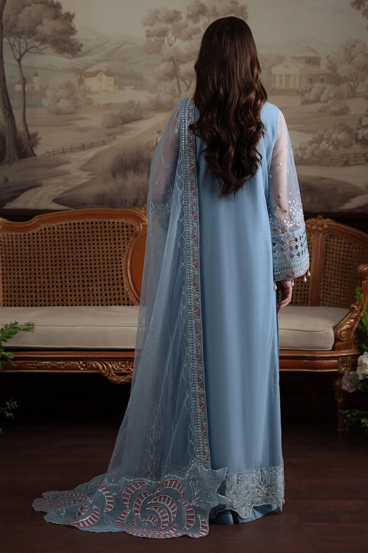 Back view of stitched Nureh Style 74 showcasing plain net back and bordered dupatta

