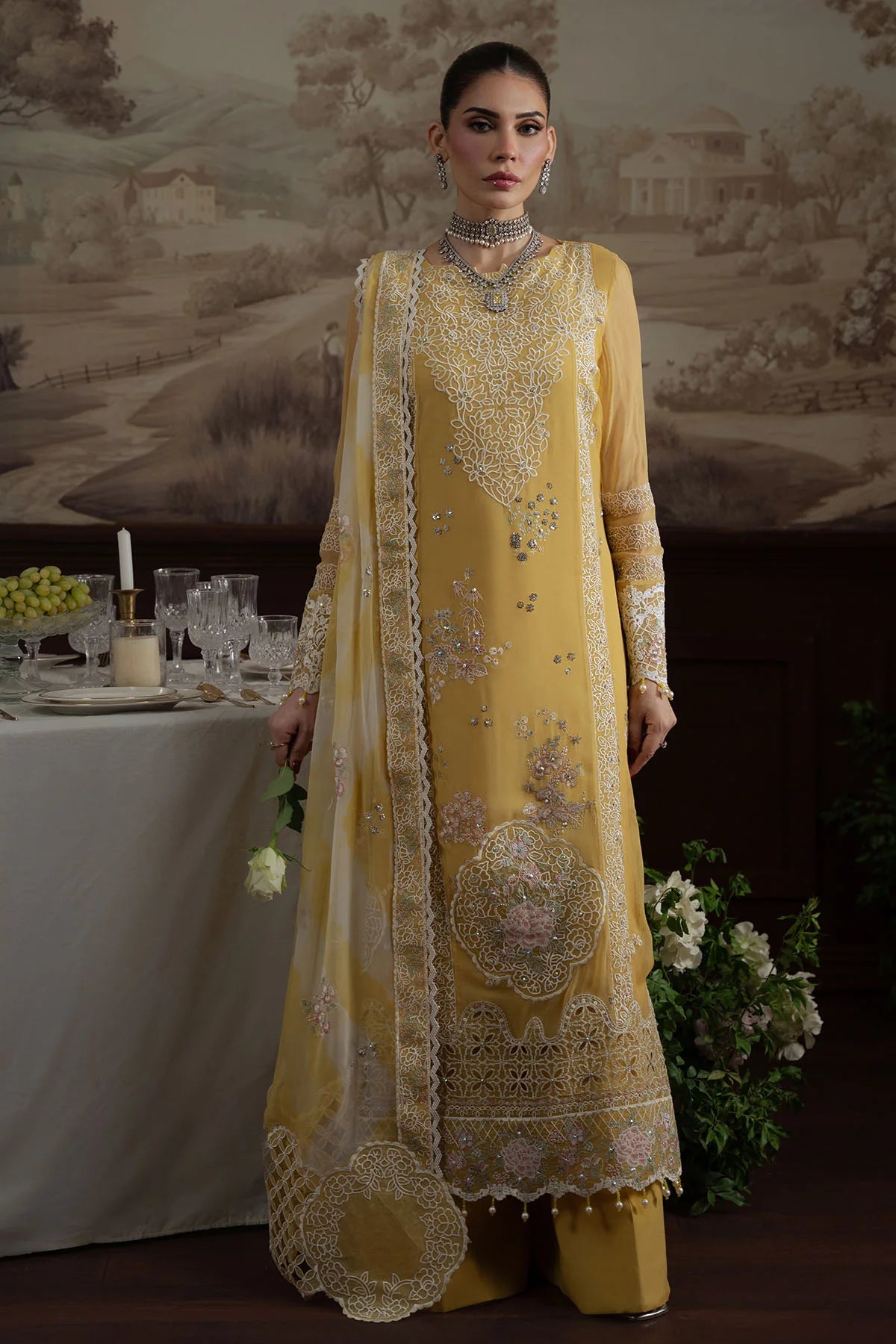 Full frontal view of Nureh Style 76 stitched chiffon outfit with detailed embroidery and pearls.