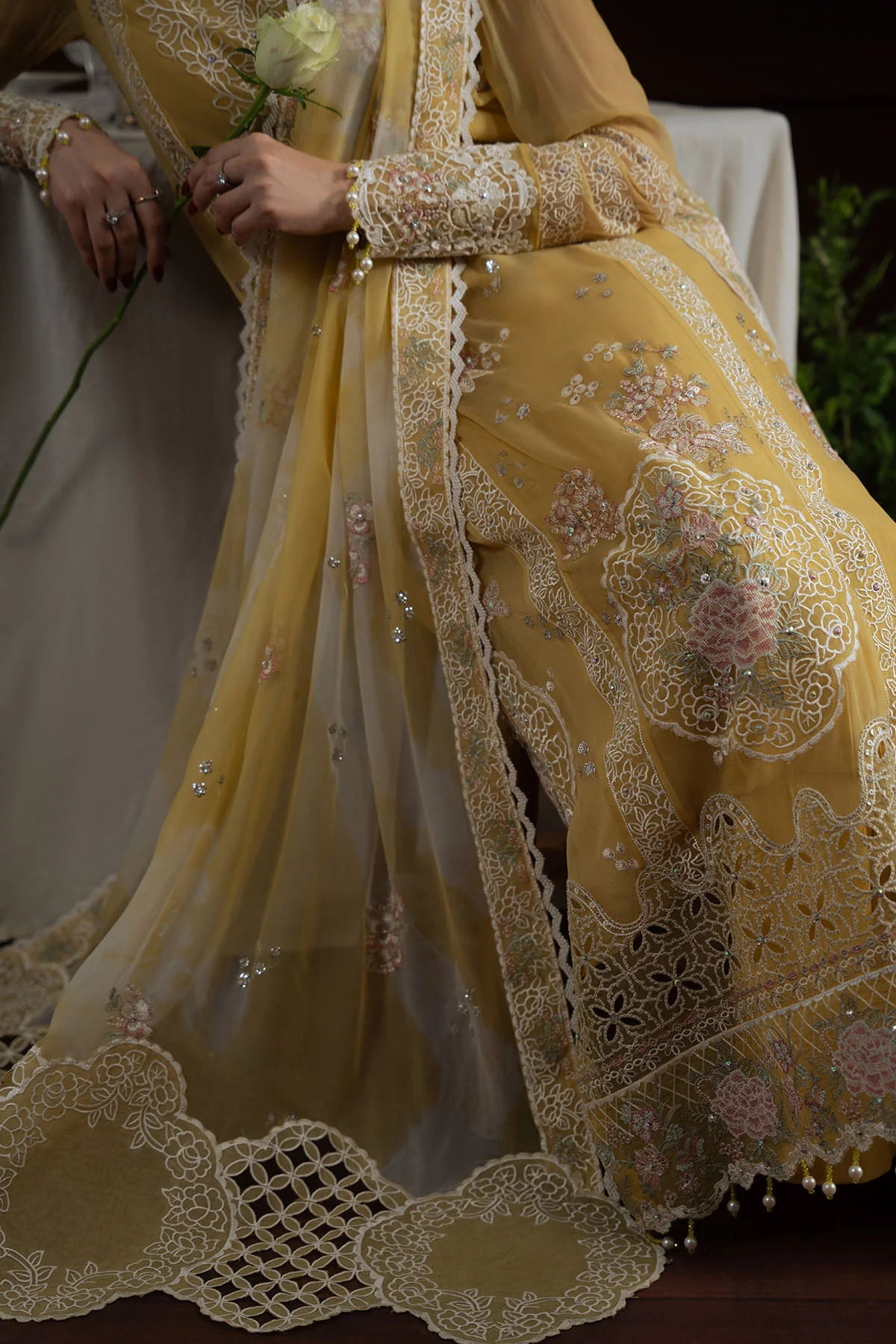 Close-up of Nureh Style 76 showcasing embroidered border and floral embellishments on chiffon dupatta and kameez.