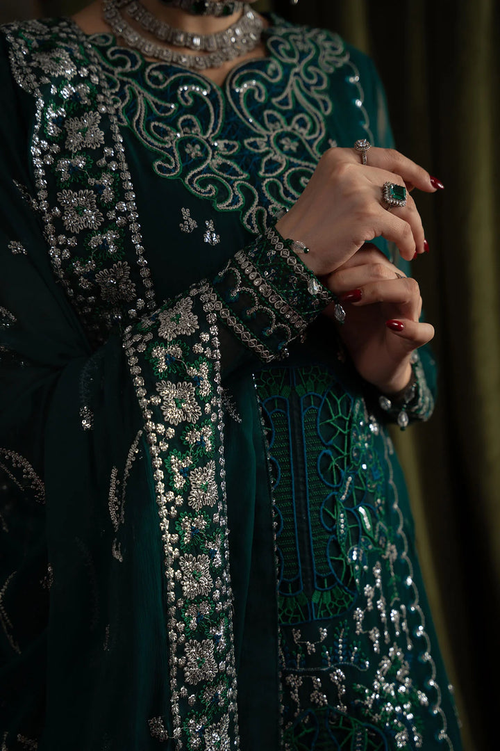 Close-up of embroidered sleeve and border details on deep green chiffon fabric with intricate silver work