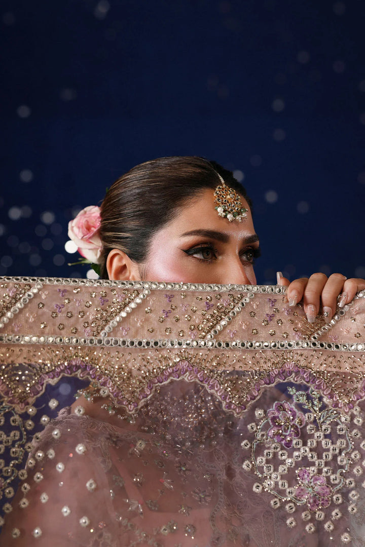 Close up of Nureh Jhoomroo embroidered organza front body and daman borders