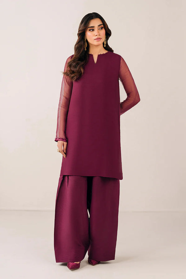 Chiffon short shirt with beadwork and slit neckline paired with farshi grip shalwar