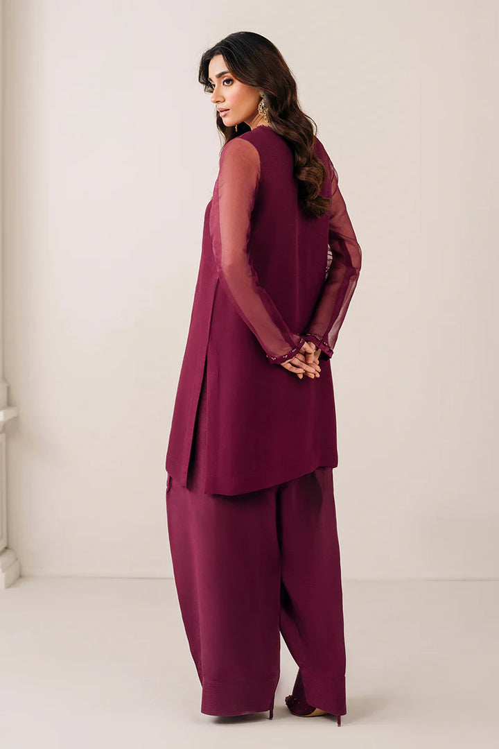 back view of Chiffon short shirt with beadwork and slit neckline paired with farshi grip shalwar