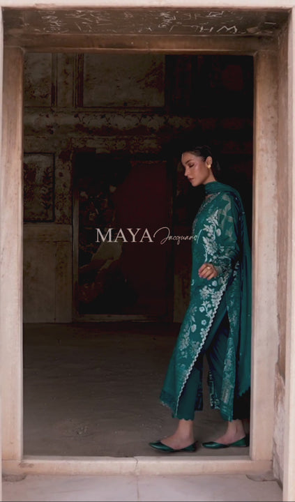 Nureh designer suit with chiffon dupatta and dyed cotton trousers
