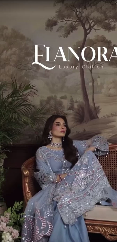 Back view of stitched Nureh Style 74 showcasing plain net back and bordered dupatta


