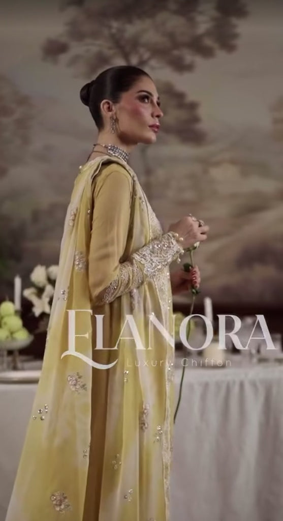 Model wearing Nureh Elanora Style 76 showcasing detailed embroidered sleeves and trailing embellished dupatta.