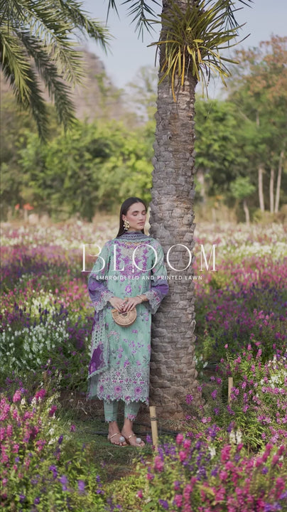 VIDEO Nureh Stitched Lawn Suit – Embroidered Shirt with Chiffon Dupatta & Cotton Trouser