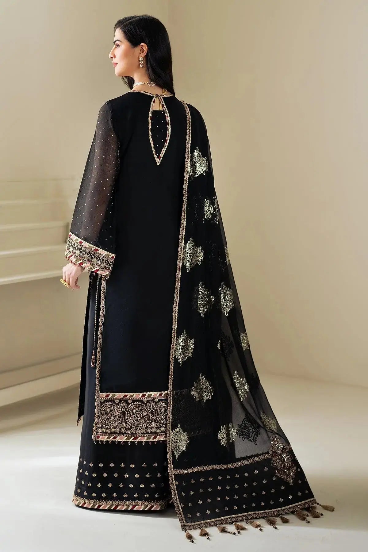 Back view of Alizeh Alba stitched chiffon shirt with raw silk trousers