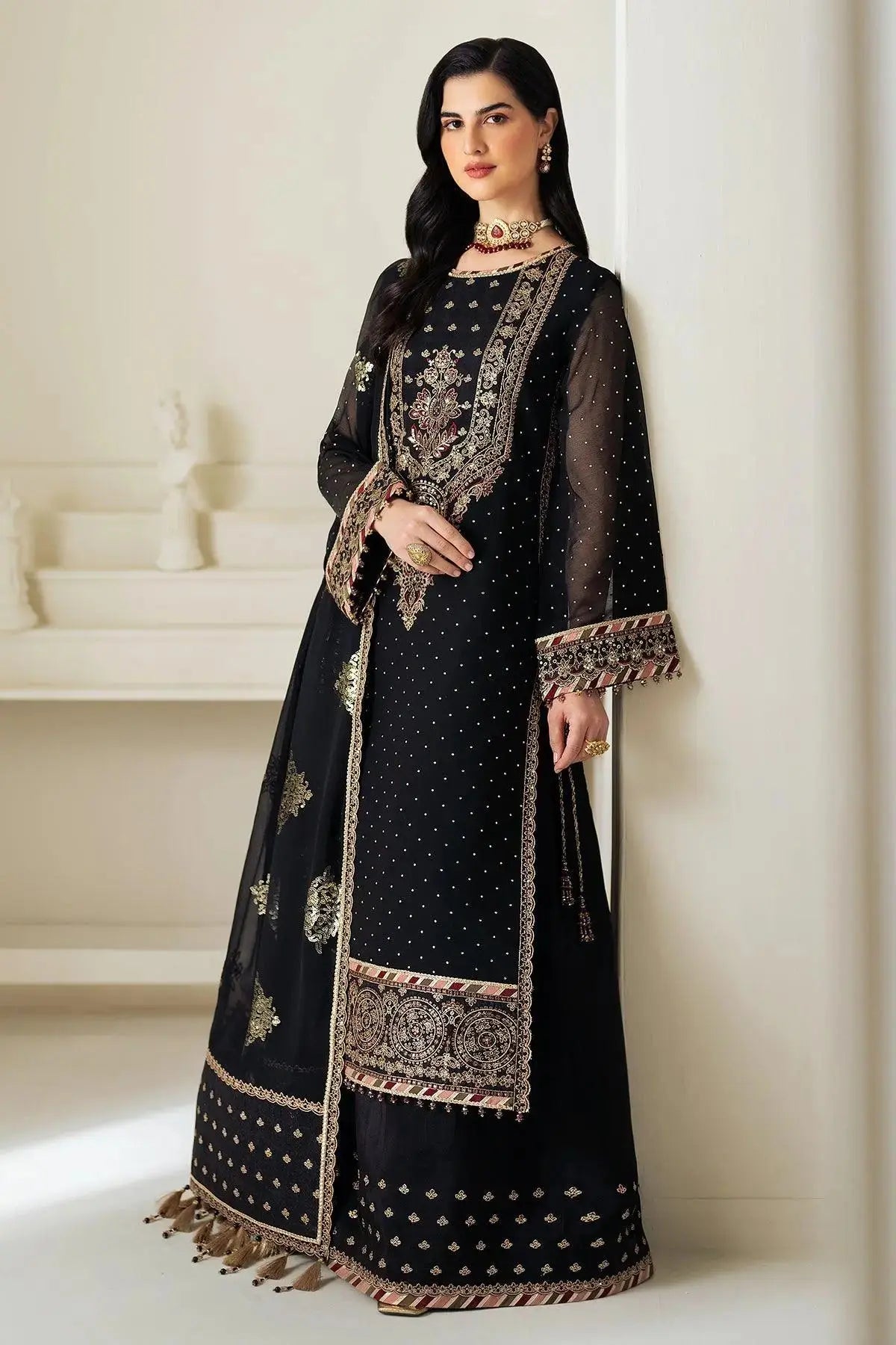 Flat lay of Alba black chiffon outfit showing all three pieces