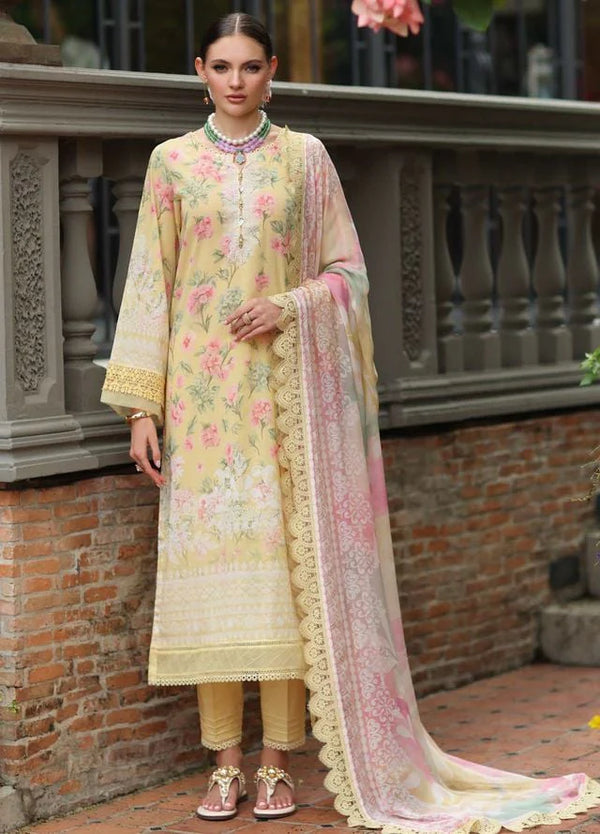 Model wearing Nureh Swiss lawn stitched suit with chiffon dupatta