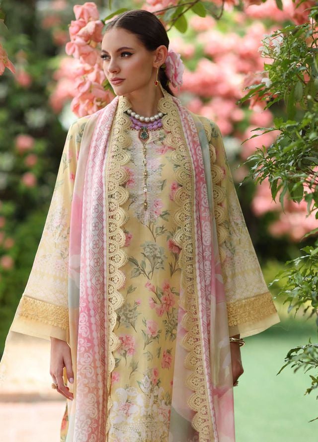 Close-up of Swiss lawn fabric with signature print