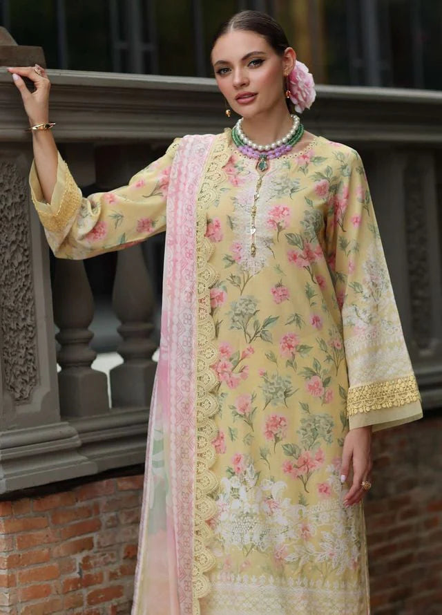 Detailed neckline and sleeve design on stitched Swiss lawn shirt